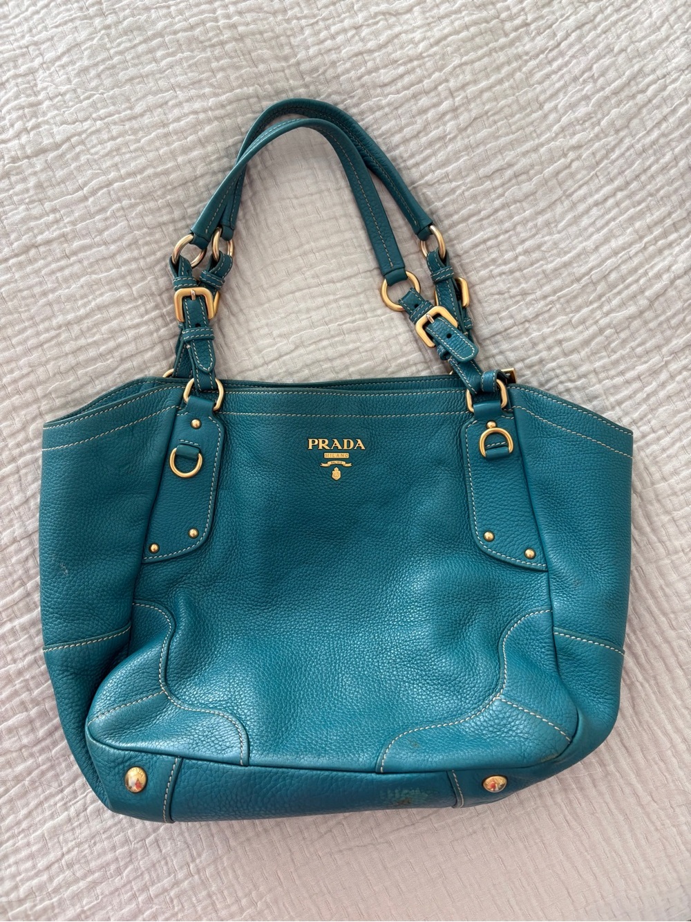 Vintage Prada Vitello Daino Teal Leather Shoulder Bag with Wallet